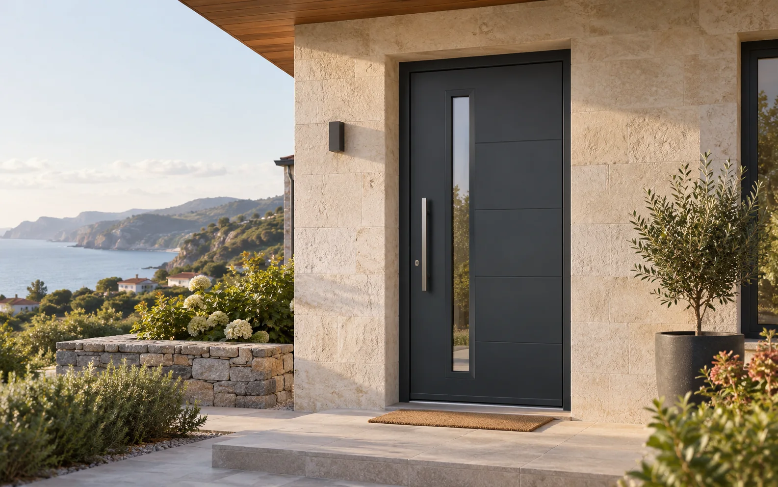 Puerta de entrada de PVC antracita en una vivienda asturiana