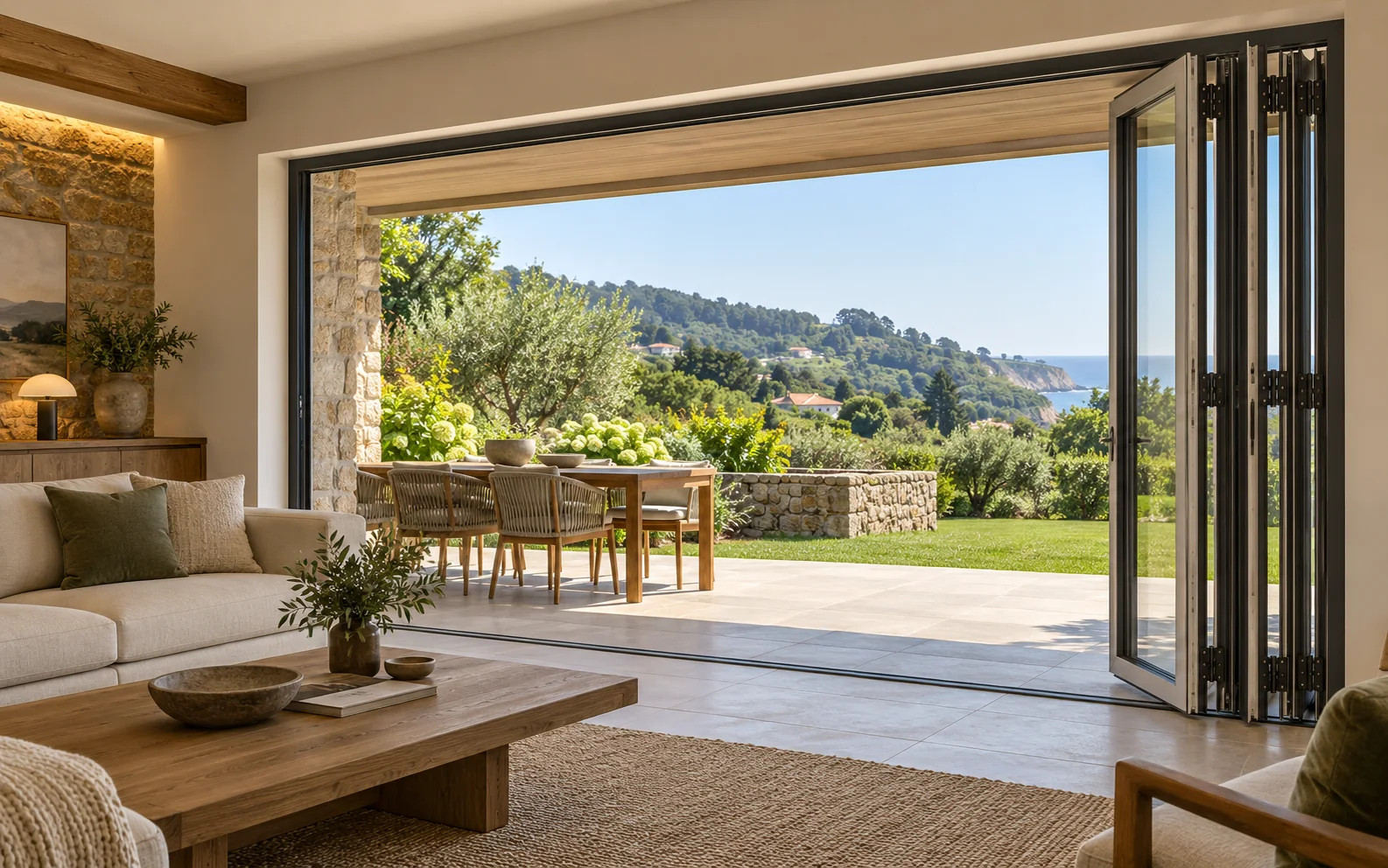 Puerta plegable de PVC abierta hacia una terraza