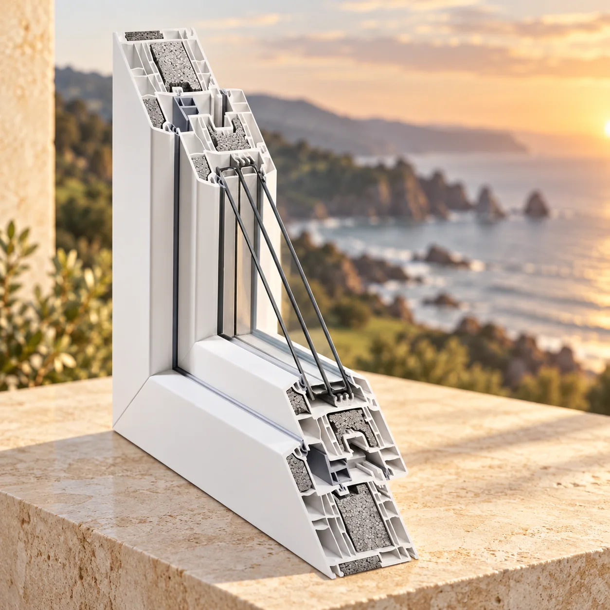Sección del perfil de ventana REHAU GENEO PHZ con acristalamiento
