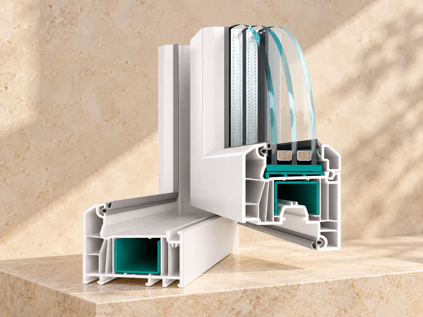 Perfil de ventana WDS 6S de PVC blanco con refuerzo interior turquesa
