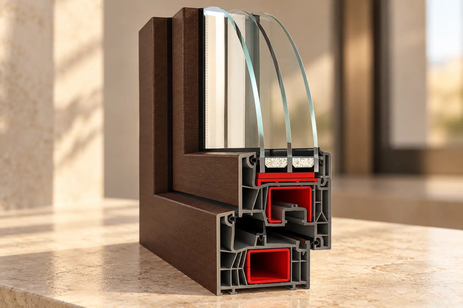 Perfil de ventana WDS 76 MD en PVC con acabado efecto madera