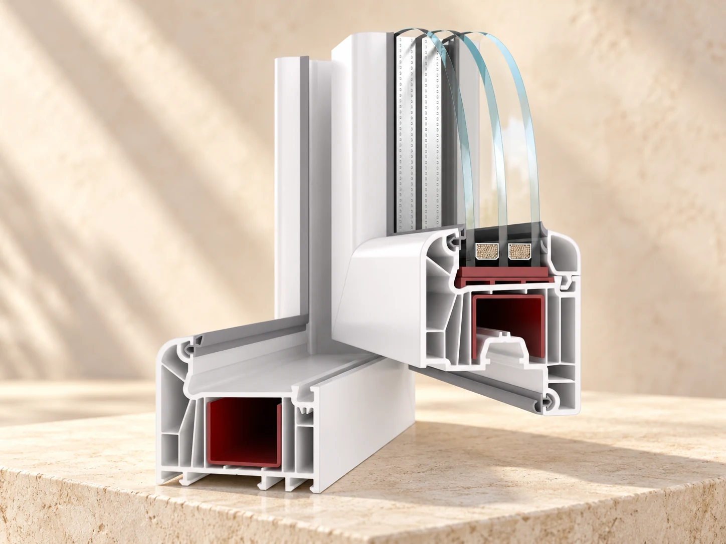 Perfil de ventana WDS 7S de PVC blanco con refuerzo interior rojo