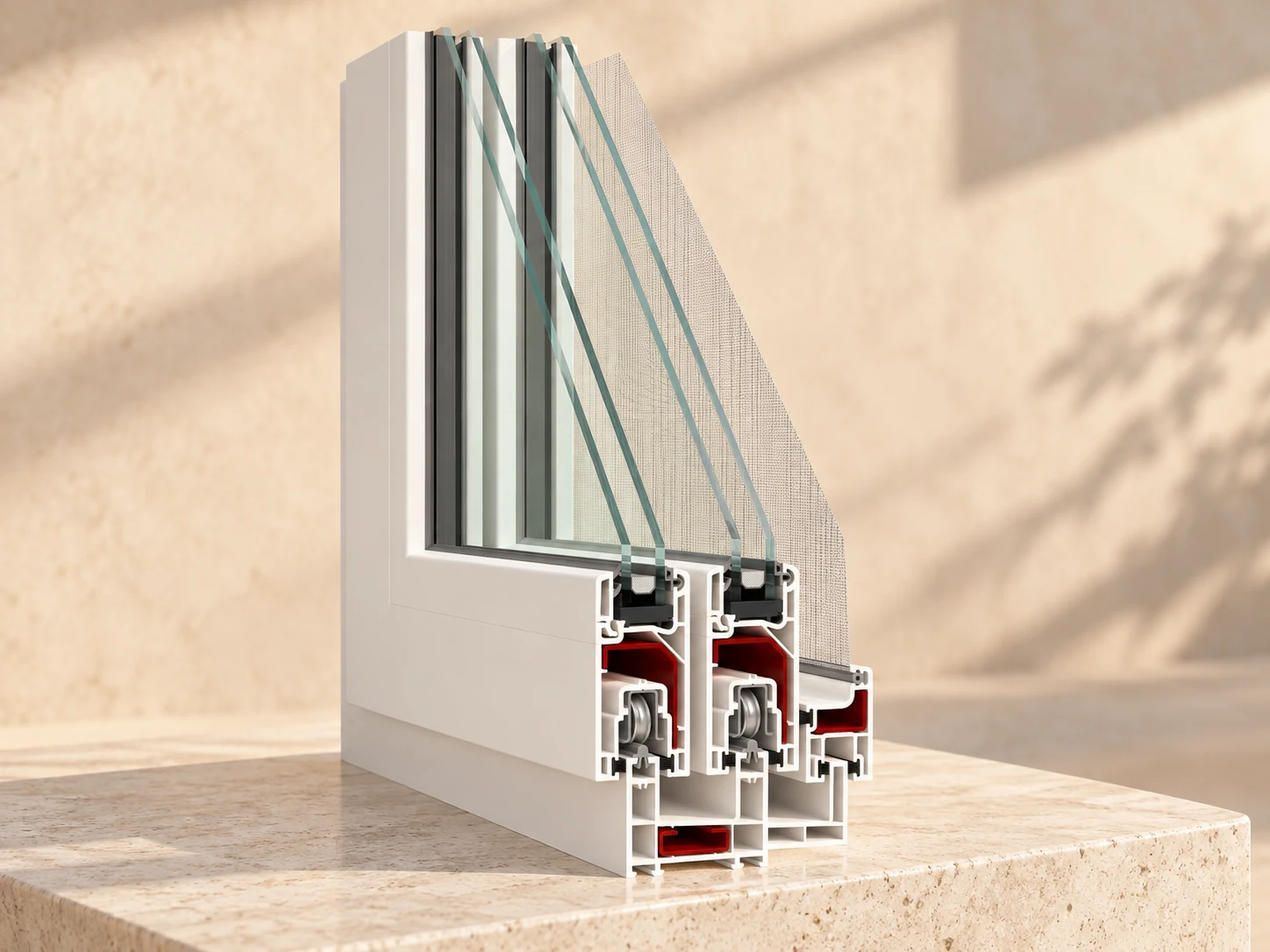 Sección del perfil de ventana corredera WDS SL 60 con refuerzo rojo