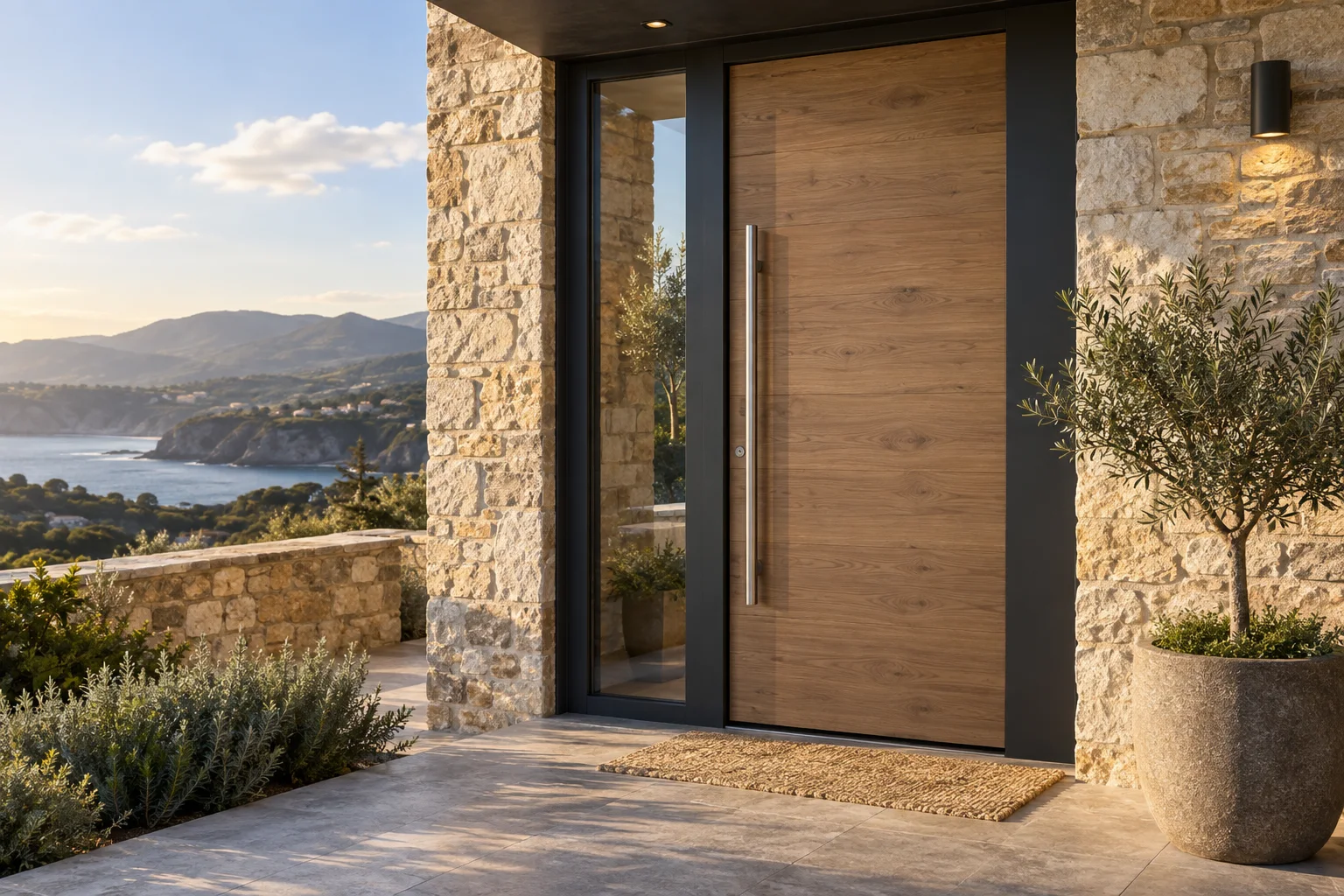 Puerta de entrada con acabado efecto madera vista desde el interior